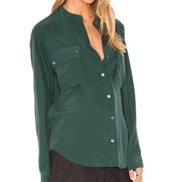 Frame Le Silk Troop Long Sleeve Button Up Shirt in Spruce Green Size Small - Picture 1 of 13